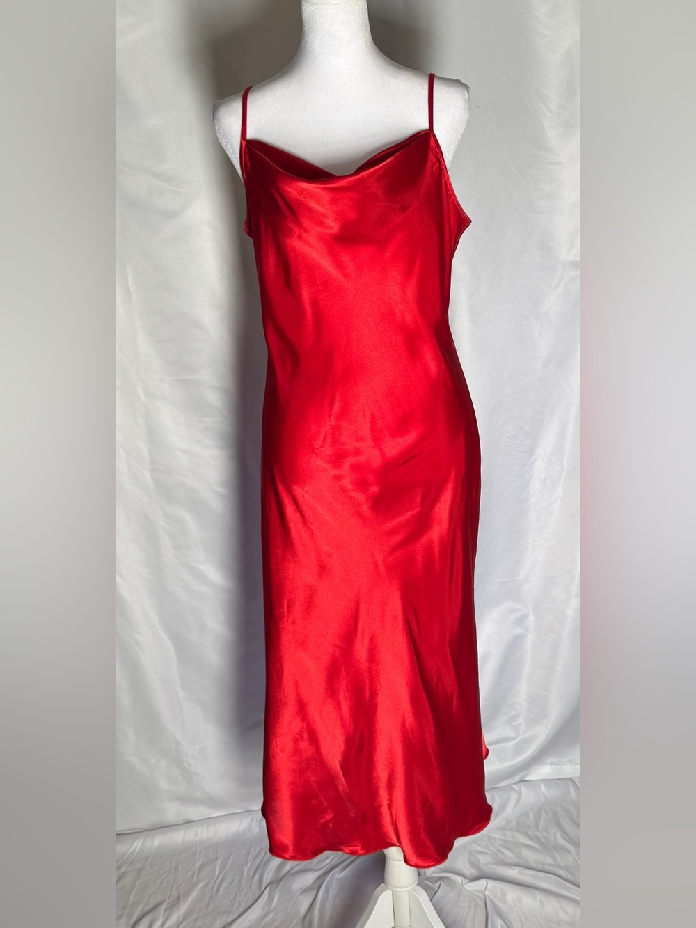 Bebe Red Satin Slip Dress M Made in USA Cowl Neck Midi Sexy Date Night Dress